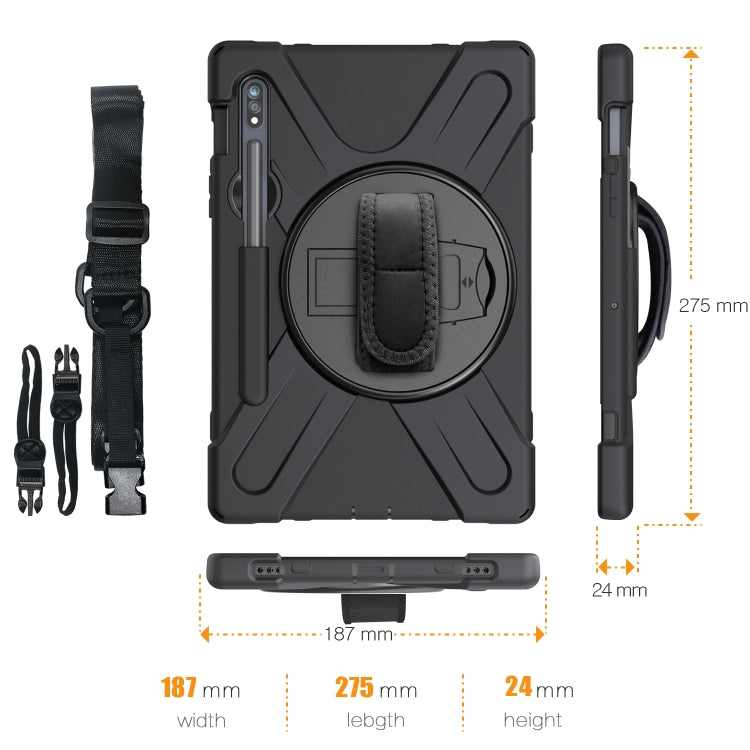 For Samsung Galaxy Tab S9 / Galaxy Tab S8 / Galaxy Tab S7 (2020) T870 Shockproof Colorful Silicone + PC Protective Case with Holder & Shoulder Strap & Hand Strap & Pen Slot(Black)