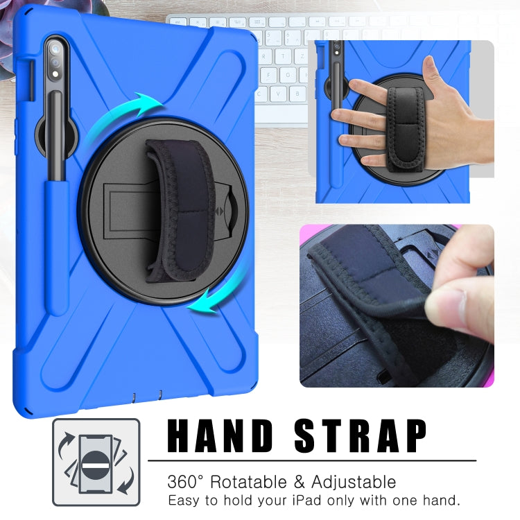 For Samsung Galaxy Tab S9 / Galaxy Tab S8 / Galaxy Tab S7 (2020) T870 Shockproof Colorful Silicone + PC Protective Case with Holder & Shoulder Strap & Hand Strap & Pen Slot(Blue)