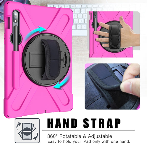 For Samsung Galaxy Tab S9 / Galaxy Tab S8 / Galaxy Tab S7 (2020) T870 Shockproof Colorful Silicone + PC Protective Case with Holder & Shoulder Strap & Hand Strap & Pen Slot(Rose Red)