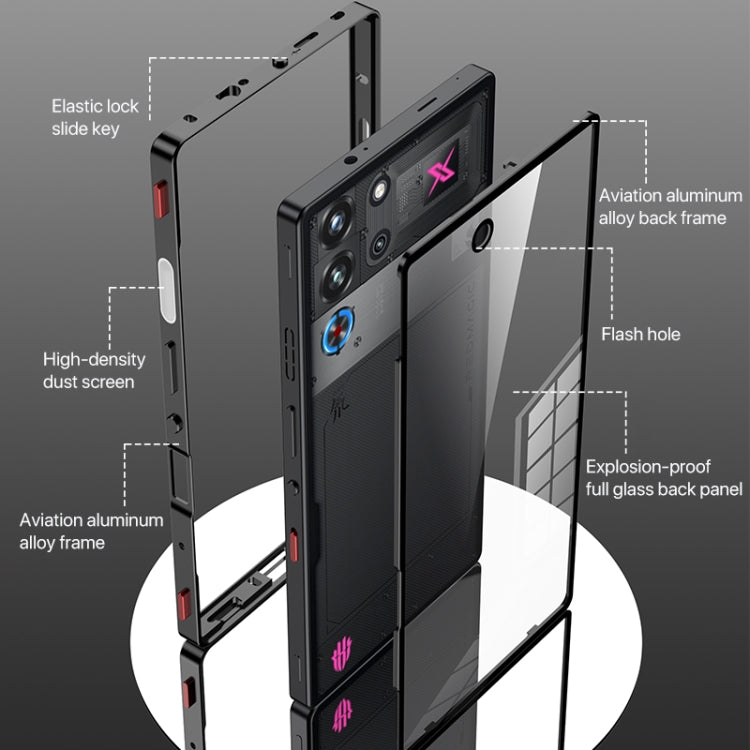For ZTE nubia Red Magic 10 Pro / 10 Pro+ Snap Buckle Metal Frame Glass Back Panel Phone Case(Black)