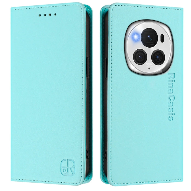 For Honor Magic6 Pro Global RC01 Dual-Folded Magnetic Suction RFID Leather Phone Case(Mint Green)