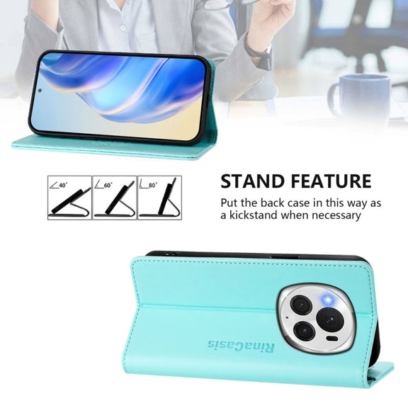 For Honor Magic6 Pro Global RC01 Dual-Folded Magnetic Suction RFID Leather Phone Case(Mint Green)