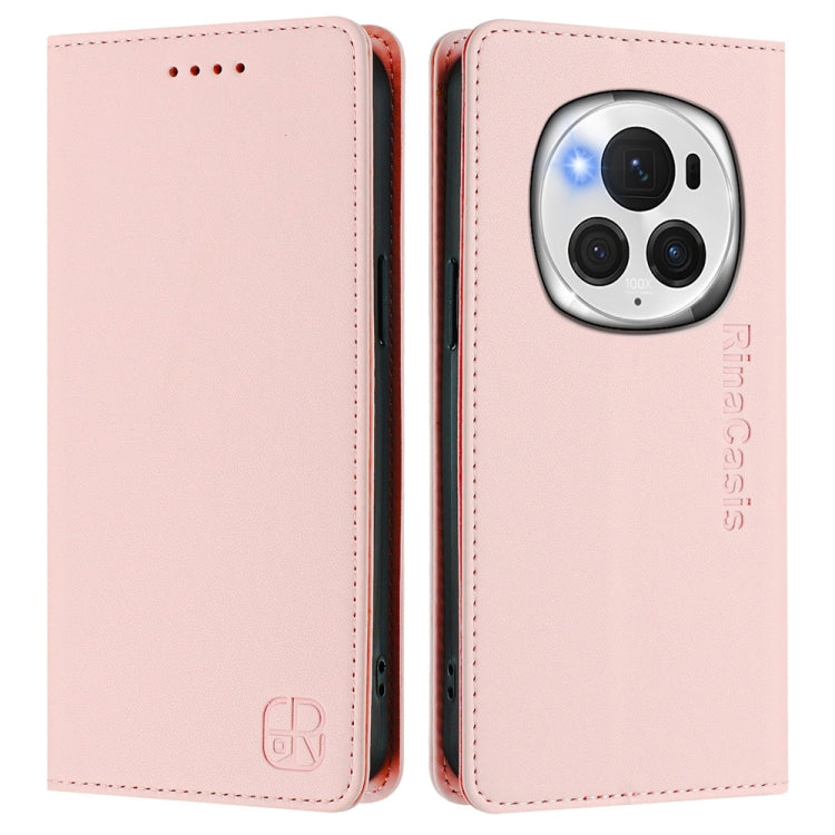 For Honor Magic6 Pro Global RC01 Dual-Folded Magnetic Suction RFID Leather Phone Case(Pink)