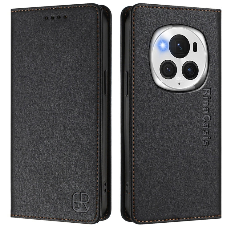 For Honor Magic6 Pro Global RC01 Dual-Folded Magnetic Suction RFID Leather Phone Case(Black)