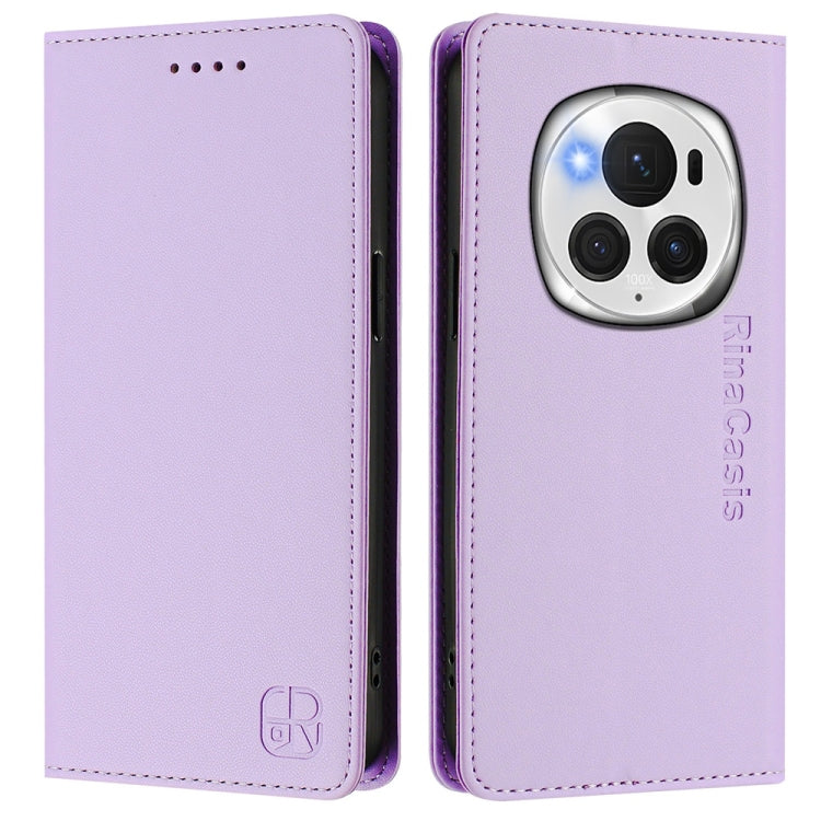 For Honor Magic6 Pro Global RC01 Dual-Folded Magnetic Suction RFID Leather Phone Case(Light Purple)