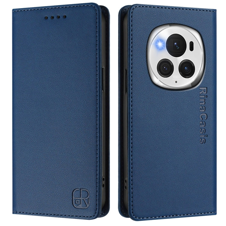 For Honor Magic6 Pro Global RC01 Dual-Folded Magnetic Suction RFID Leather Phone Case(Dark Blue)