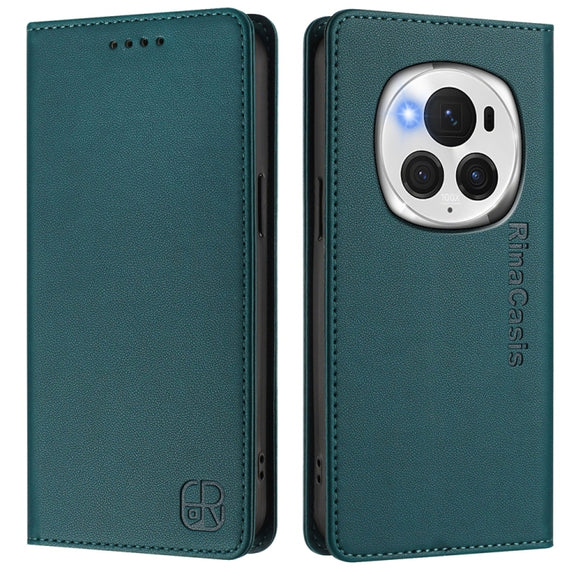 For Honor Magic6 Pro Global RC01 Dual-Folded Magnetic Suction RFID Leather Phone Case(Dark Green)