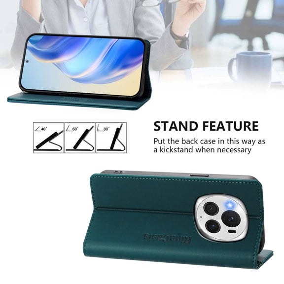 For Honor Magic6 Pro Global RC01 Dual-Folded Magnetic Suction RFID Leather Phone Case(Dark Green)