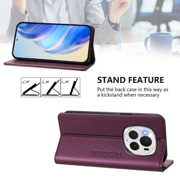 For Honor Magic6 Pro Global RC01 Dual-Folded Magnetic Suction RFID Leather Phone Case(Violet)