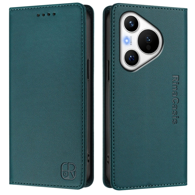 For Huawei Pura 70 RC01 Dual-Folded Magnetic Suction RFID Leather Phone Case(Dark Green)