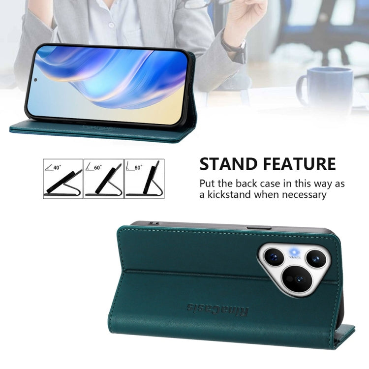 For Huawei Pura 70 RC01 Dual-Folded Magnetic Suction RFID Leather Phone Case(Dark Green)
