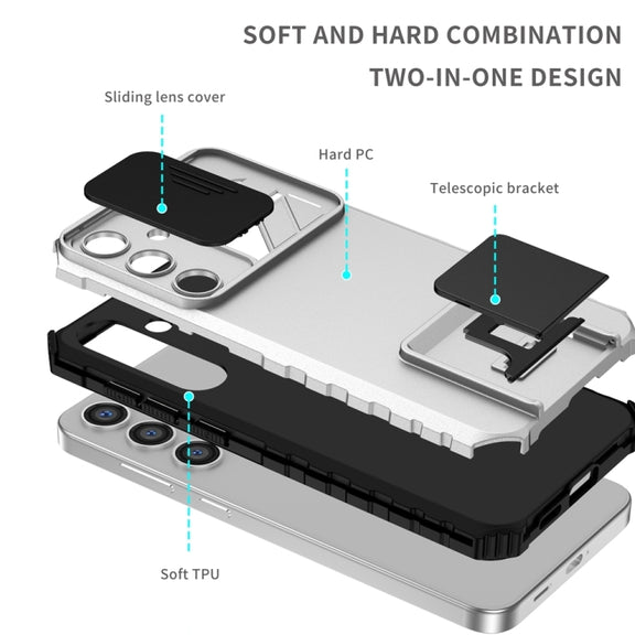 For Samsung Galaxy S25 5G Stereoscopic Holder Sliding Camshield Phone Case(White)