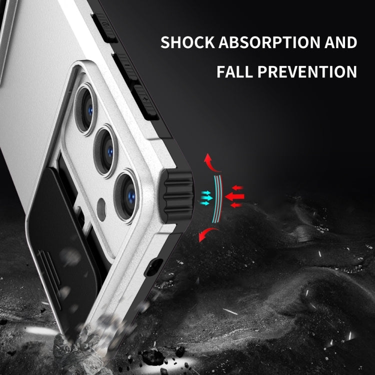 For Samsung Galaxy S25 5G Stereoscopic Holder Sliding Camshield Phone Case(White)