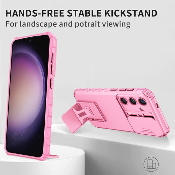 For Samsung Galaxy S25 5G Stereoscopic Holder Sliding Camshield Phone Case(Pink)