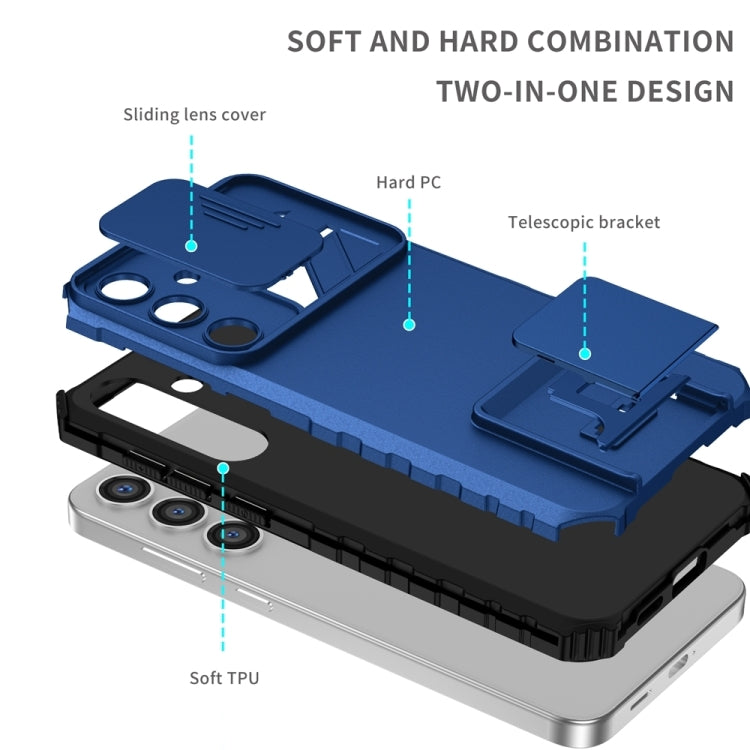 For Samsung Galaxy S25 5G Stereoscopic Holder Sliding Camshield Phone Case(Blue)