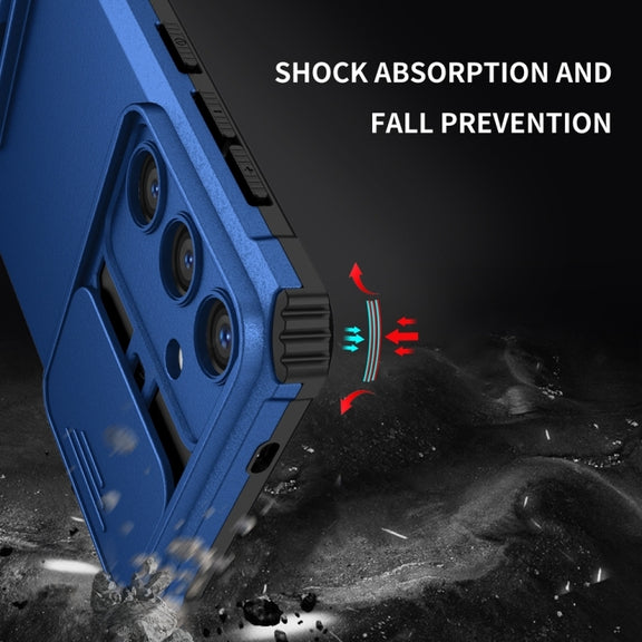 For Samsung Galaxy S25 5G Stereoscopic Holder Sliding Camshield Phone Case(Blue)