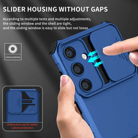 For Samsung Galaxy S25 5G Stereoscopic Holder Sliding Camshield Phone Case(Blue)