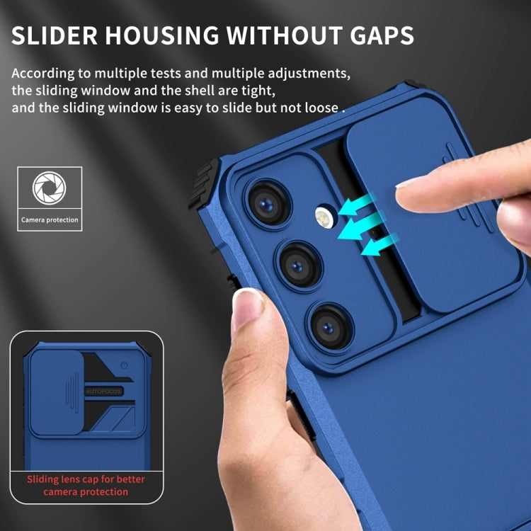 For Samsung Galaxy S25 5G Stereoscopic Holder Sliding Camshield Phone Case(Blue)