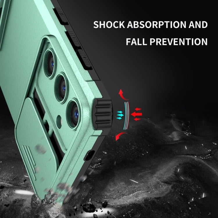 For Samsung Galaxy S25 5G Stereoscopic Holder Sliding Camshield Phone Case(Light Green)