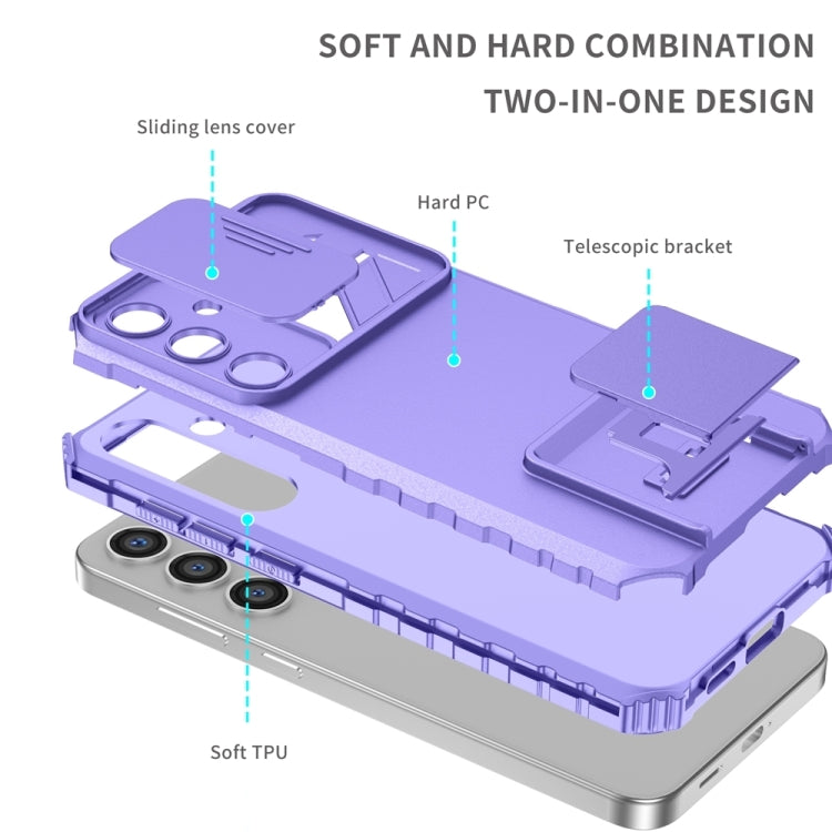For Samsung Galaxy S25 5G Stereoscopic Holder Sliding Camshield Phone Case(Purple)