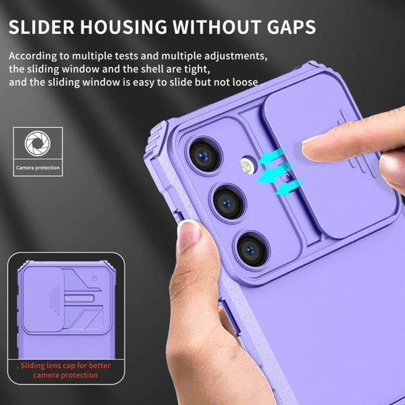 For Samsung Galaxy S25 5G Stereoscopic Holder Sliding Camshield Phone Case(Purple)