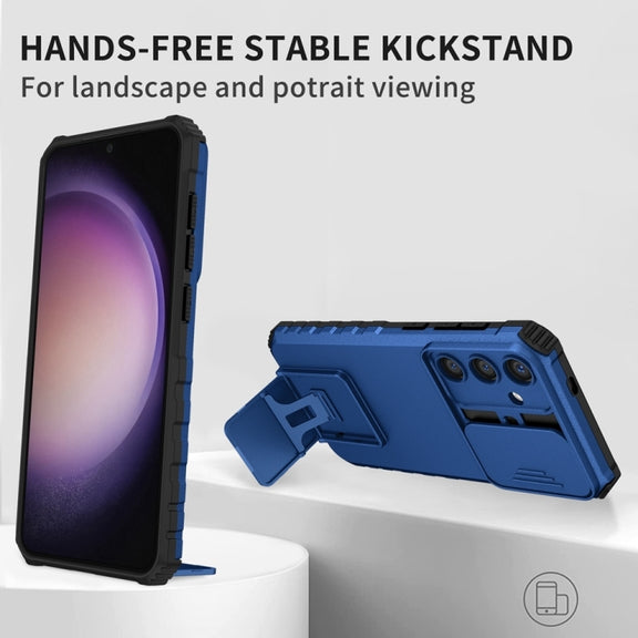 For Samsung Galaxy S25+ 5G Stereoscopic Holder Sliding Camshield Phone Case(Blue)