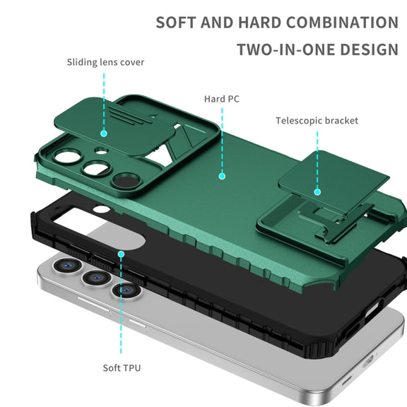 For Samsung Galaxy S25+ 5G Stereoscopic Holder Sliding Camshield Phone Case(Green)