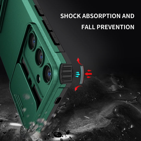 For Samsung Galaxy S25+ 5G Stereoscopic Holder Sliding Camshield Phone Case(Green)