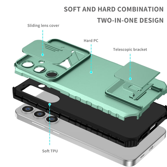 For Samsung Galaxy S25+ 5G Stereoscopic Holder Sliding Camshield Phone Case(Light Green)