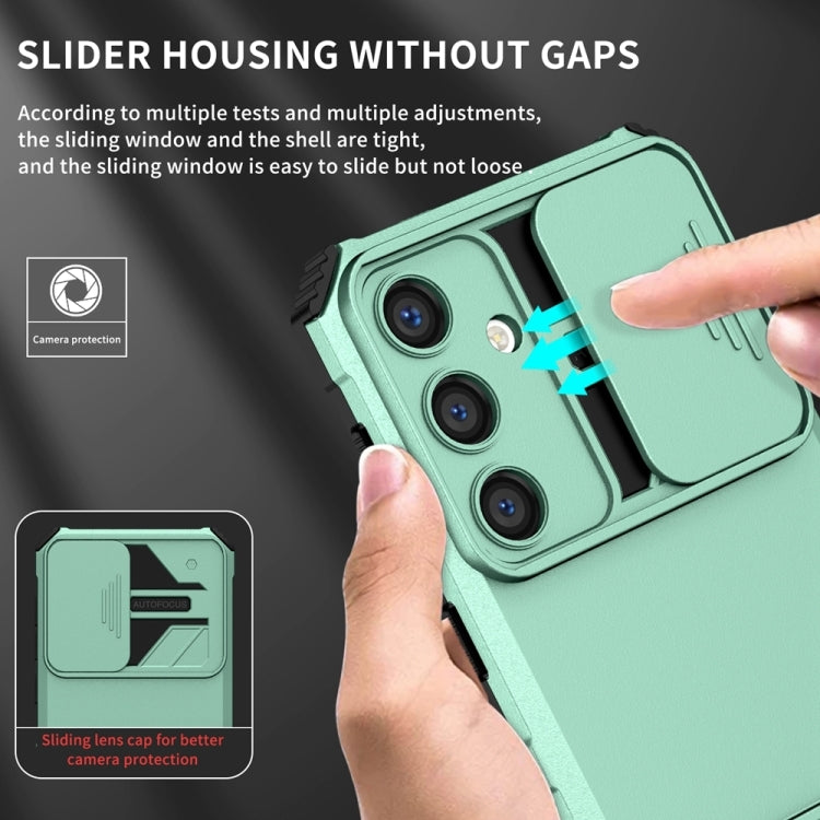 For Samsung Galaxy S25+ 5G Stereoscopic Holder Sliding Camshield Phone Case(Light Green)