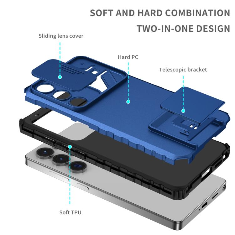 For Samsung Galaxy S25 Ultra 5G Stereoscopic Holder Sliding Camshield Phone Case(Blue)