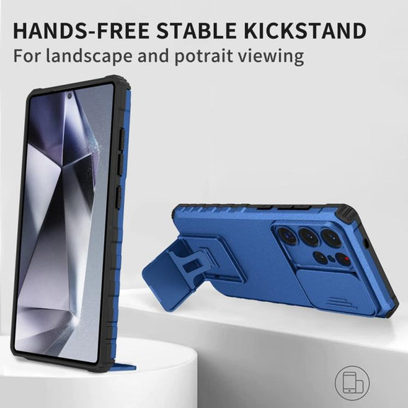 For Samsung Galaxy S25 Ultra 5G Stereoscopic Holder Sliding Camshield Phone Case(Blue)