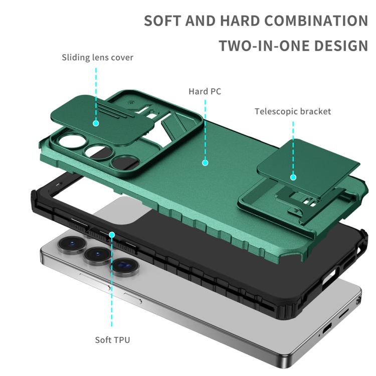 For Samsung Galaxy S25 Ultra 5G Stereoscopic Holder Sliding Camshield Phone Case(Green)