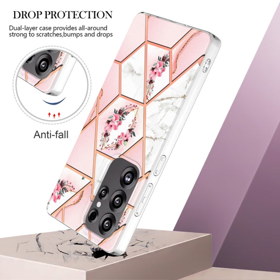 For Samsung Galaxy S25 Ultra 5G Splicing Marble Flower IMD TPU Phone Case(Pink Flower)