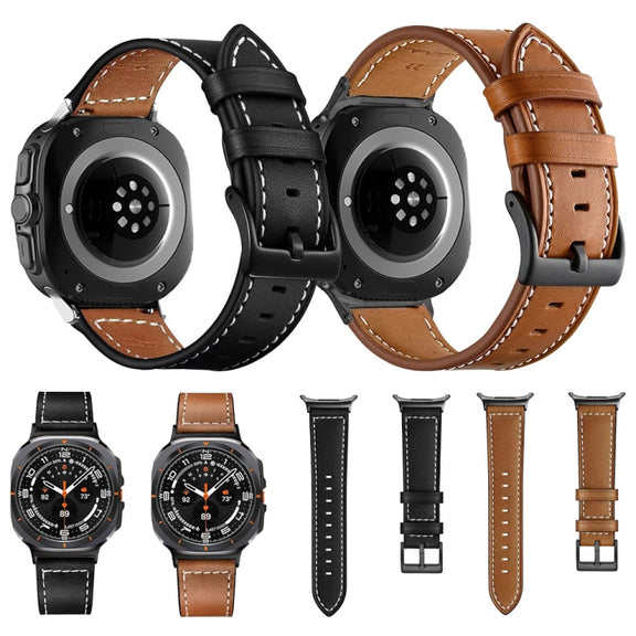 For Samsung Galaxy Watch Ultra 47mm Black Buckle Genuine Leather Watch Band(Brown)