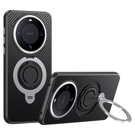 For Huawei Mate 60 Carbon Fiber MagSafe Phone Case with 360 Degree Rotating Holder(Black Silver)