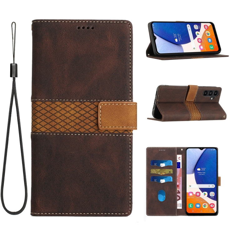 For Samsung Galaxy S25 5G Grid Stitching Leather Phone Case with Lanyard(Brown)
