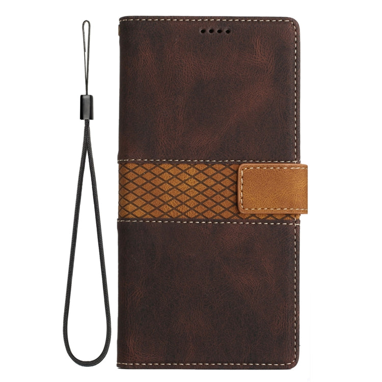 For Samsung Galaxy S25 5G Grid Stitching Leather Phone Case with Lanyard(Brown)