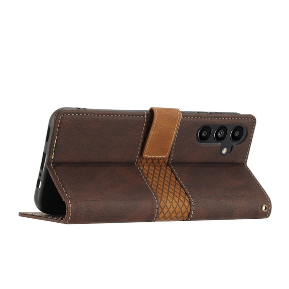 For Samsung Galaxy S25 5G Grid Stitching Leather Phone Case with Lanyard(Brown)