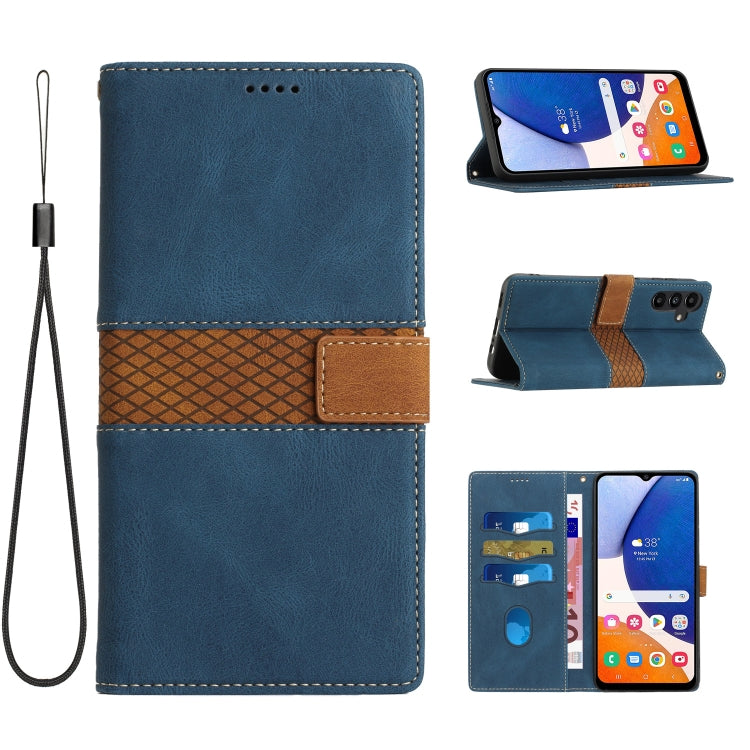 For Samsung Galaxy S25+ 5G Grid Stitching Leather Phone Case with Lanyard(Blue)