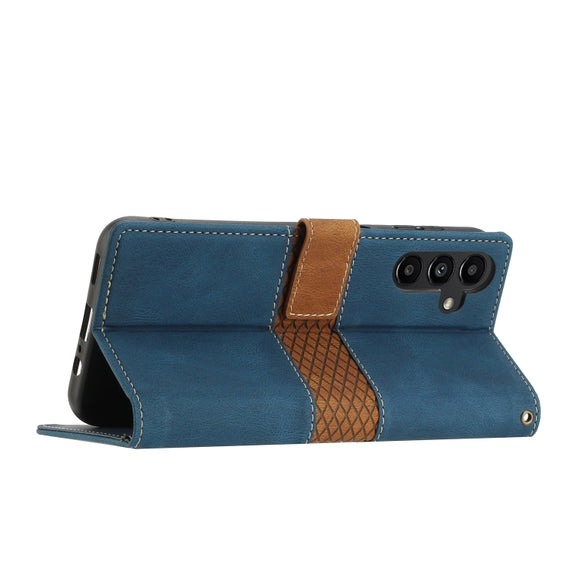 For Samsung Galaxy S25+ 5G Grid Stitching Leather Phone Case with Lanyard(Blue)