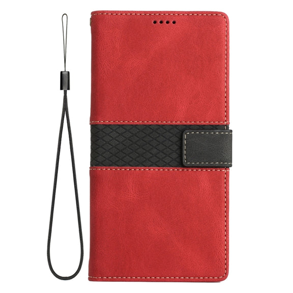 For Samsung Galaxy S25+ 5G Grid Stitching Leather Phone Case with Lanyard(Red)