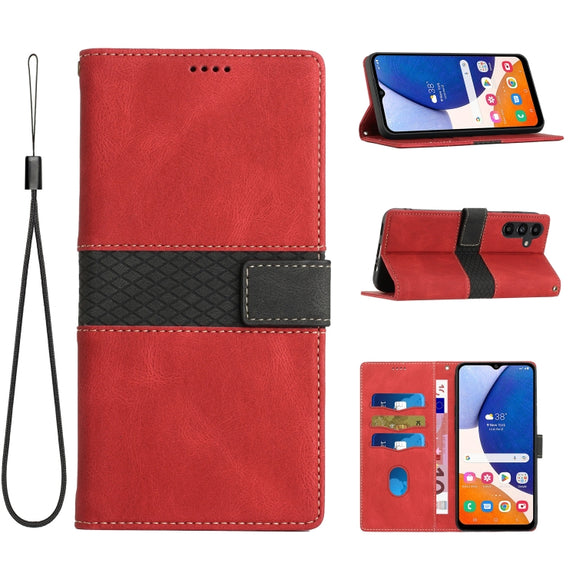 For Samsung Galaxy S25+ 5G Grid Stitching Leather Phone Case with Lanyard(Red)