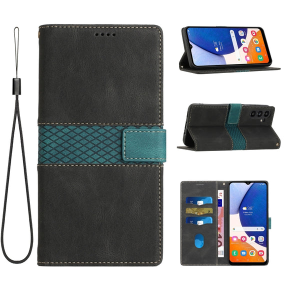 For Samsung Galaxy S25+ 5G Grid Stitching Leather Phone Case with Lanyard(Black)