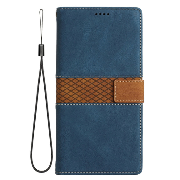 For Samsung Galaxy S25 Ultra 5G Grid Stitching Leather Phone Case with Lanyard(Blue)