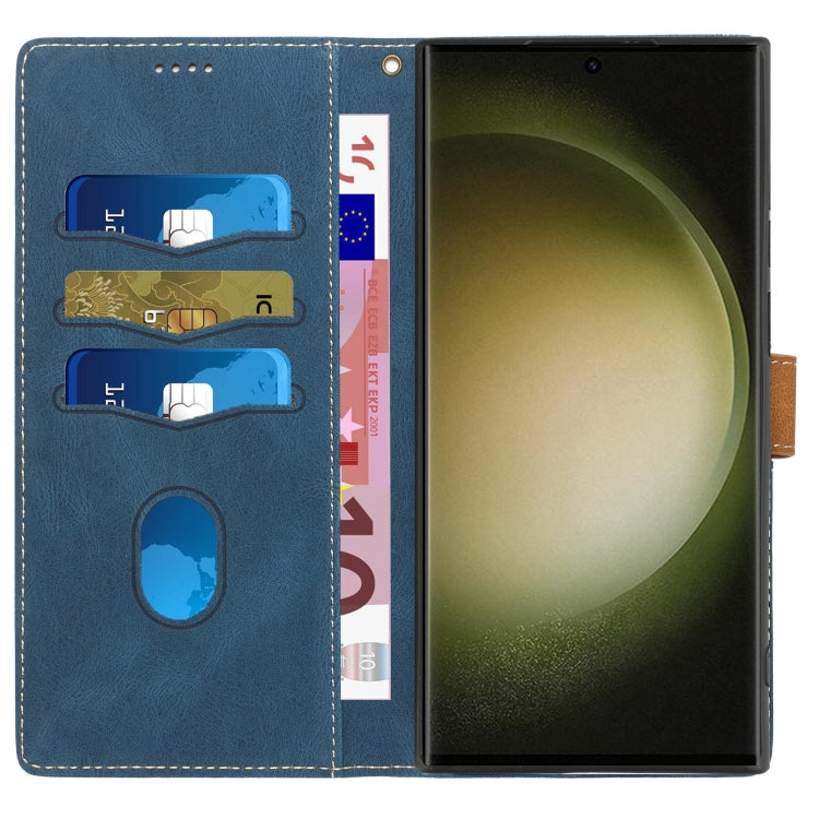 For Samsung Galaxy S25 Ultra 5G Grid Stitching Leather Phone Case with Lanyard(Blue)