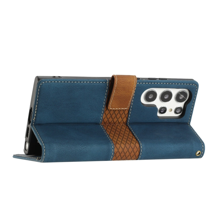 For Samsung Galaxy S25 Ultra 5G Grid Stitching Leather Phone Case with Lanyard(Blue)