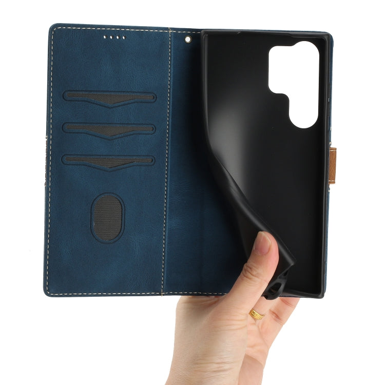For Samsung Galaxy S25 Ultra 5G Grid Stitching Leather Phone Case with Lanyard(Blue)