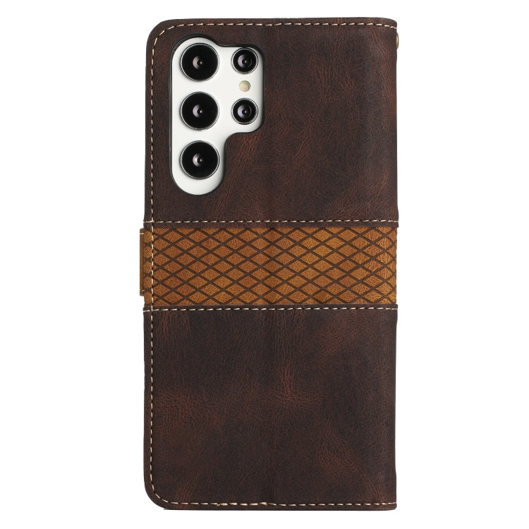 For Samsung Galaxy S25 Ultra 5G Grid Stitching Leather Phone Case with Lanyard(Brown)