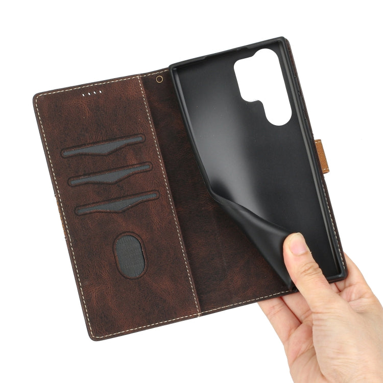 For Samsung Galaxy S25 Ultra 5G Grid Stitching Leather Phone Case with Lanyard(Brown)